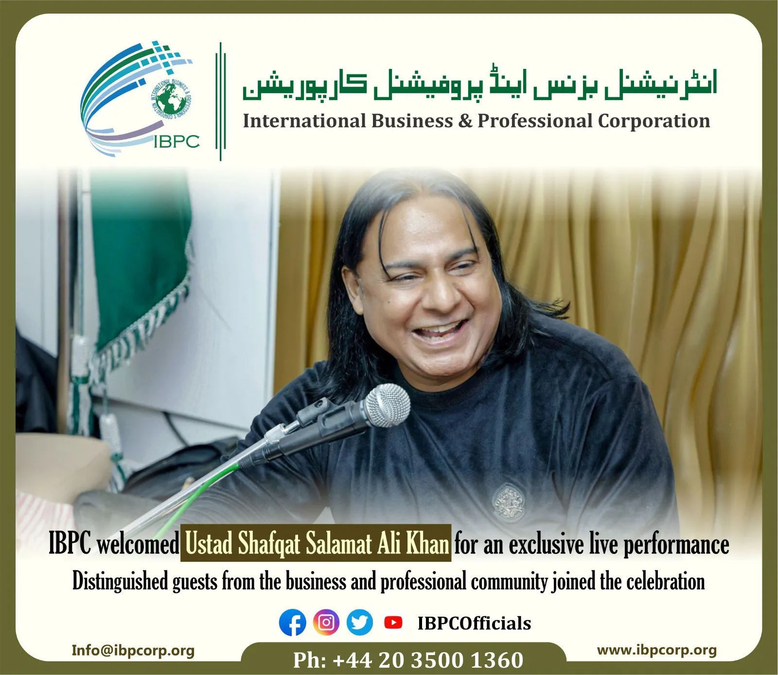 IBPC Cultural Evening Featuring Ustad Shafqat Salamat Ali Khan – A Night of Music & Elegance