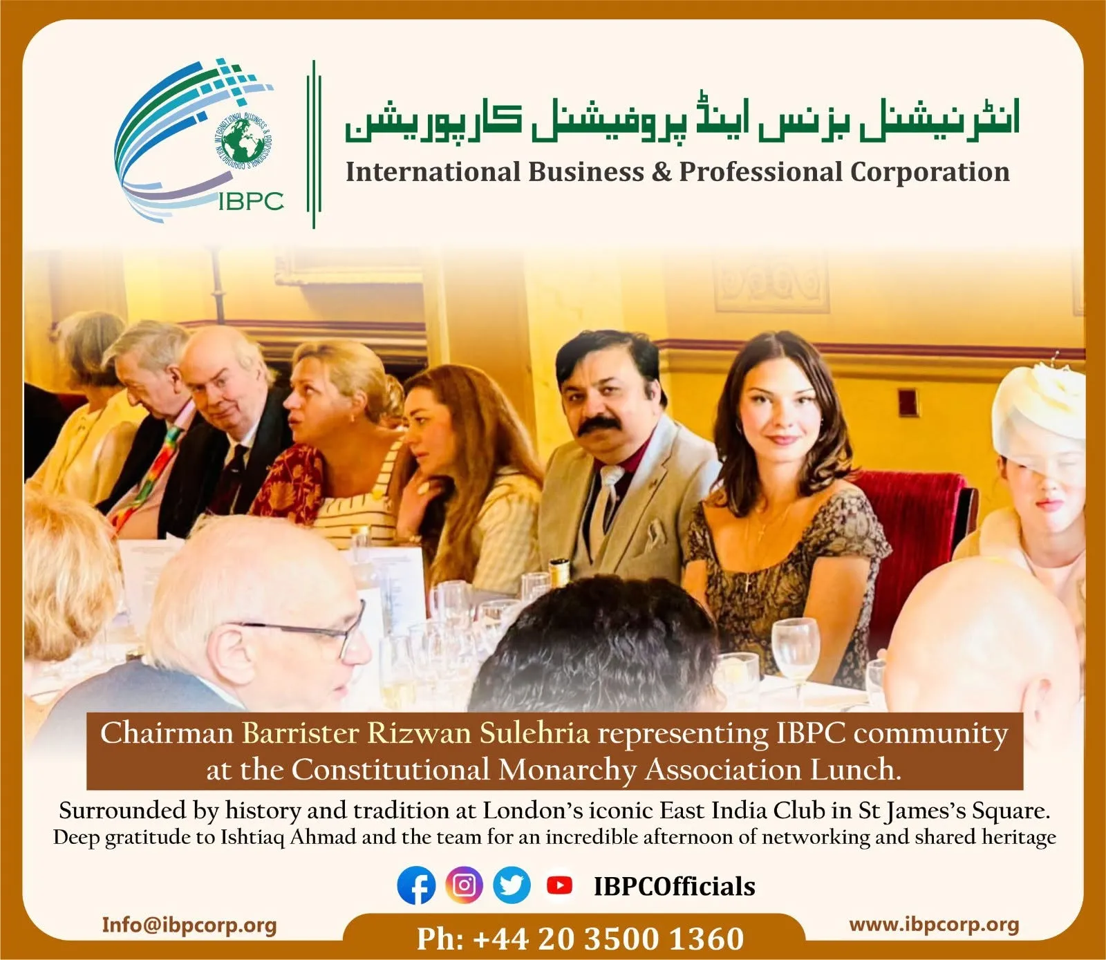IBPC Attendance at Constitutional Monarchy Association Lunch – East India Club, London